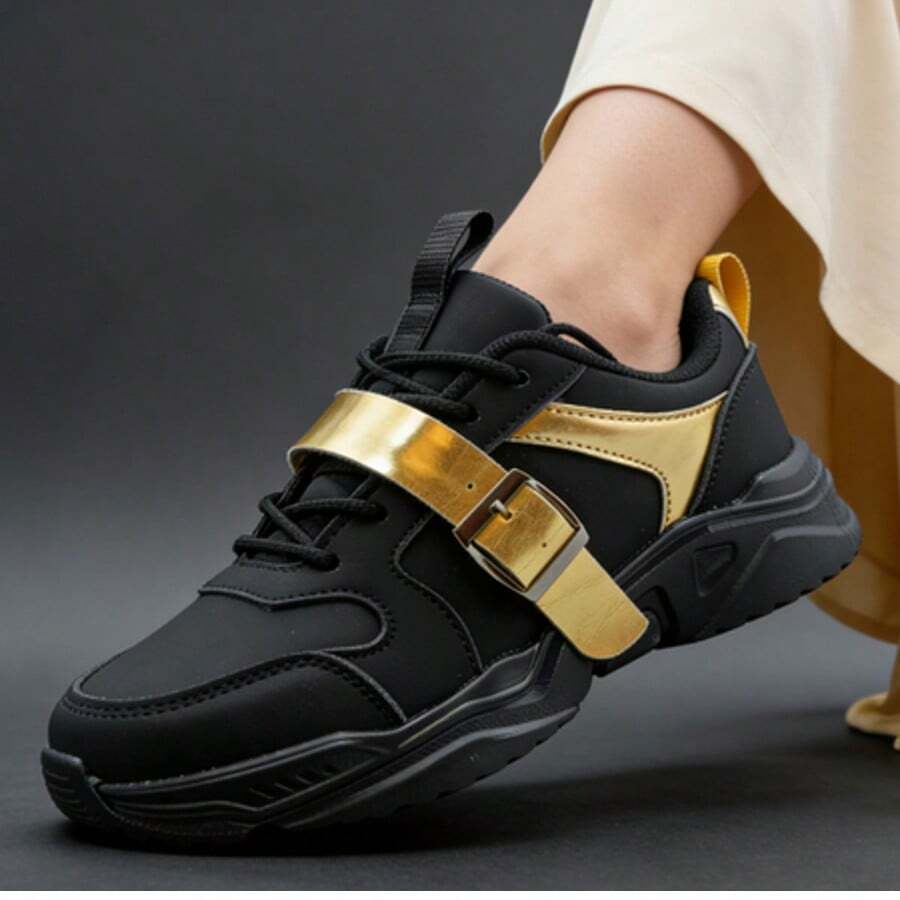Women's Casual Sports Shoes, Black & Gold Buckle, Soft Material, Soft Sole, Thick Platform Shoes - Black Gold - View 1
