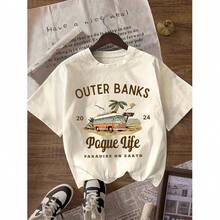 Outer Bank 图案印花休闲圆领短袖简约 T 恤，日常休闲装 - 淺杏色 - 查看 5