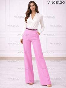 Women's Tailored Trousers, High Waist, Casual, Elegant, Belted, Wide Leg Pants - 淺粉色 - 查看 4