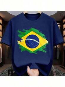 Men's Printed T-Shirt Brazil Grunge Print 01 Cup Shirt 100% Cotton 26.1 Soft Knit - 藏蓝色 - 查看 1