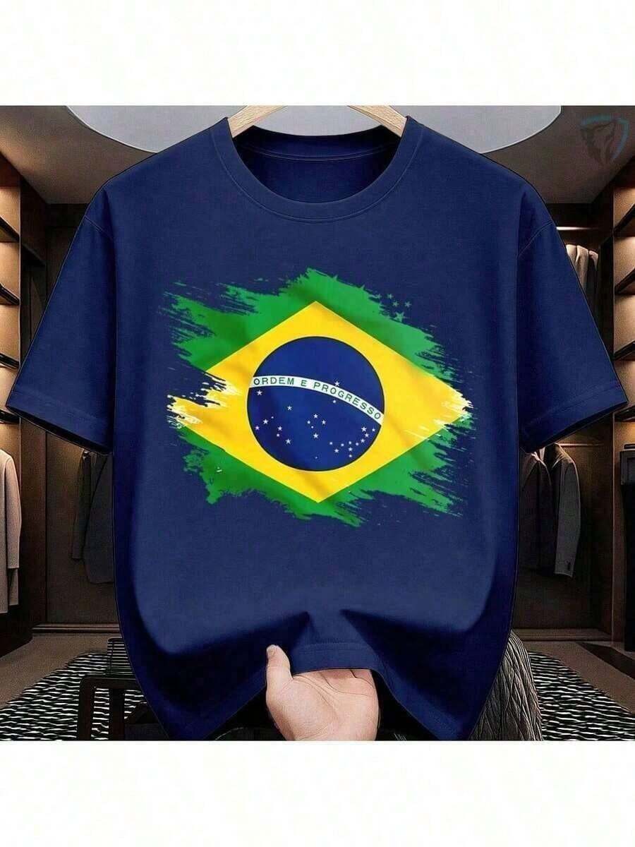 Men's Printed T-Shirt Brazil Grunge Print 01 Cup Shirt 100% Cotton 26.1 Soft Knit - 藏蓝色 - 查看 1