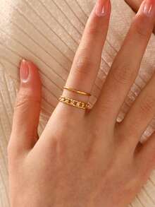 1pc 18K Gold Plated Stainless Steel Geometric Line Design Open Ring, Suitable For Women's Daily Wear - Gold - View 2