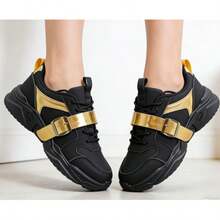 Women's Casual Sports Shoes, Black & Gold Buckle, Soft Material, Soft Sole, Thick Platform Shoes - Black Gold - View 10