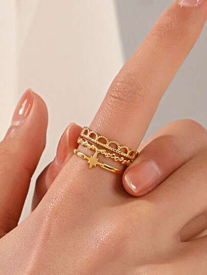 1pc 18K Gold Plated Stainless Steel Personalized Hiphop Star Octagram Open Ring, Suitable For Women's Daily And Party Wear