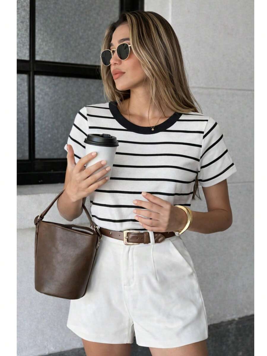 Women's Ribbed Cotton Striped Basic Two-Tone T-Shirt - Casual Autumn/Winter/Summer American Style - 條紋黑色領子 - 查看 1