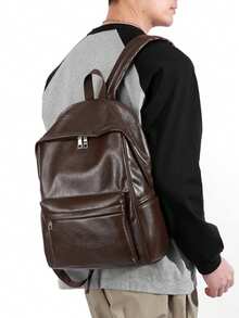 新款复古风双肩包，多功能PU时尚手提包，旅行双肩包，男女通用大容量简约双肩包，商务休闲旅行笔记本电脑双肩包，轻便大学生双肩包 - 棕色 - 查看 2