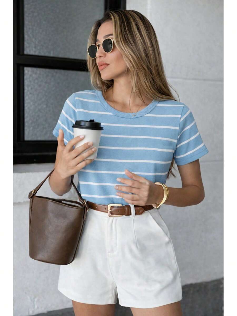 Women's Ribbed Cotton Striped Basic Two-Tone T-Shirt - Casual Autumn/Winter/Summer American Style - 藍色條紋BB - 查看 1