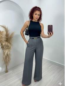 Women's Tailored Wide-Leg Trousers With High Waist, Belt, And Front Crease Detail – Elegant Business Casual Style. - 灰色 - 查看 1