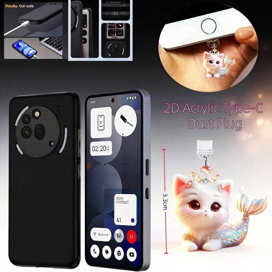 Black Phone Case + 2D Mermaid Cat Acrylic Type-C Dust Plug, Compatible With Nothing Phone (3a), Nothing Phone (3a) Pro, Nothing CMF Phone 1, Nothing Phone (1), Nothing Phone (2), Nothing Phone (2a), Nothing Phone (2a) Plus, Minimalist Design, , Made Of TPU With Military-Grade Shock Protection, Lightweight And Portable. - Black-matte - View 1