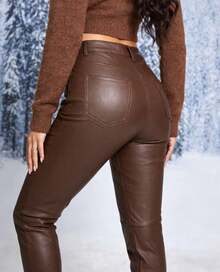 Imported Leather Trousers With Buttons And Zipper. Lined With Short Wool For Added Warmth. - Chocolate Brown - View 2
