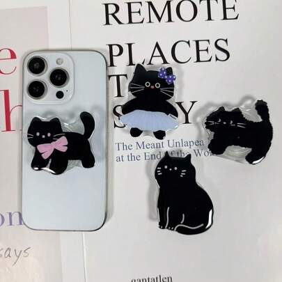 1个可爱黑猫粘性手机支架，可伸缩懒人桌面支架，适用于所有手机