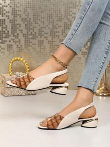 2026 Spring/Summer New Chunky Heel Sandals, Open Toe Strap Color Block Comfortable Plus Size Women Sandals - Brown - View 4