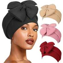 1. A Chic African-Style Headscarf For Women - Fashionable Solid Color Headscarf With A Large Bow, Elastic Polyester Chemo Cap, Machine Washable - Perfect For New Year And Holiday Celebrations - 白色 - 查看 3