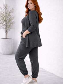 Plus Size 3-Piece Woolen Set: Cardigan, Tank Top, Pants - Simple, Casual, And Elegant - 深灰色 - 查看 3