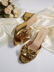 Women's High Heel Sandals With Butterfly & Flower Design, Fashion Wedding Princess Shoes, Chunky Heel - Gold - View 8