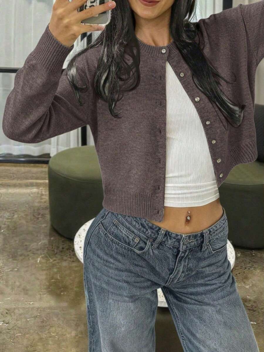 2026 New Women's Styles For Early Spring Women's Solid Color Crew Neck Button Down Cropped Cardigan - Long Sleeve Ribbed Cuffs Casual Knit Outwear For Daily & Light Outdoor Wear - 棕色 - 查看 1