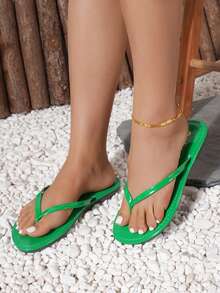 女士人字拖，街头风休闲度假时尚绿色露趾平底沙滩凉鞋 - 綠色 - 查看 3