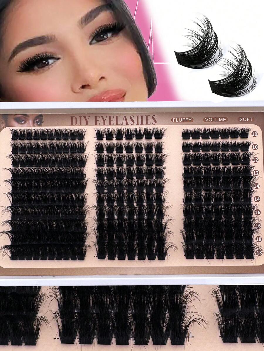 240pcs Russian Eyelash Extension Kit 100D+120D+160D/Lash Individual 3D Curl Lash Clusters Thick & Fluffy Lash Bundles 10-18MM DIY Eyelash Extension, Natural Soft Eyelash Extension Makeup, Reusable Individual Segment False Lashes, Suitable For Daily Makeup, Wedding, Date, Party, Music Festival And Halloween - D - View 1