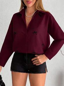 Elegant Casual White Long Sleeve Collared Button-Up Shirt With Black Bow Detail - Burgundy - View 2