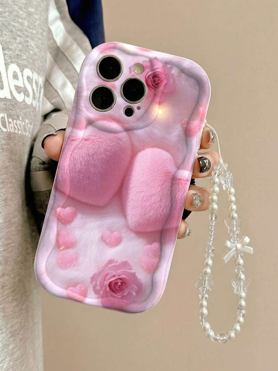 Cute Plush Pink Heart Pattern 2D Thick Anti-Drop Phone Protective Case, Comes With White Faux Pearl Bow Lanyard, Suitable For Self-Use Or Gift, Compatible With IPhone11/12/13/14/15 Pro Max, Galaxy A04/A05/A13/A14/A15/A24/A25/A35/A54/A55/S23/S24 - White - View 1