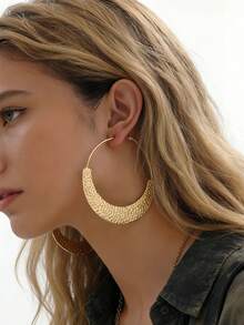 1 par de nuevos pendientes de aro con textura martillada geométrica minimalista para mujeres, elegantes y de moda para uso diario, fiestas y reuniones - Amarillo Oro - Ver 2