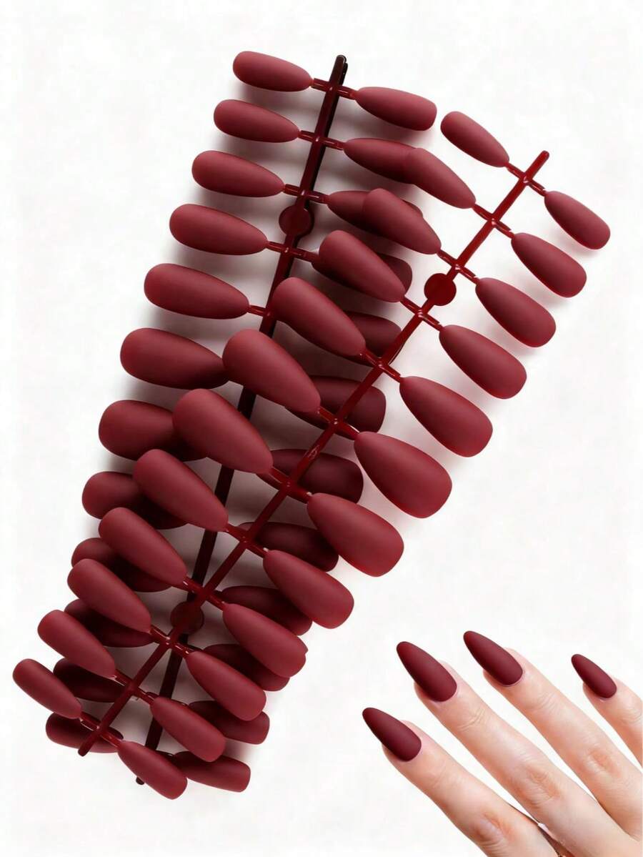 5 قطع ملصقات أظافر مخططة بشكل اللوز القصير، بلون أحمر داكن أنيق مطفي، ملصقات أظافر DIY متعددة الأنماط للتغطية الكاملة، مناسبة لصالونات الأظافر والاستخدام اليومي في المكتب - عنابي اللون - مشاهدة 1