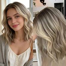 Glueless Lace Wig Synthetic 13x4 Lace Front Wigs For Women Medium DArk Brown Highlights Body Wave Wig Middle Part Realistic Look - Blonde Highlight - View 1