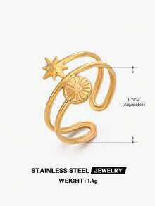 1pc 18K Gold Plated Stainless Steel Geometric Star Open Ring, Suitable For Women's Daily Wear, Holiday Gift - Gold - View 4