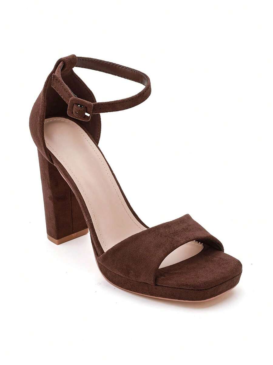 Sandales à Talons Bloc en Suédine et Plateformes à Bride Cheville - 棕色 - 查看 1