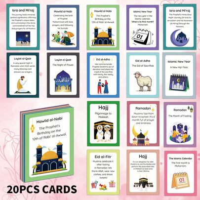 Bộ 20 thẻ học về các ngày lễ Hồi giáo, bộ sưu tập văn hóa Hồi giáo cho tất cả các ngày lễ lớn, kích thước 2.5*3.5 inch, thích hợp để chúc mừng, giáo dục, trang trí và làm quà tặng, công cụ giáo dục cho gia đình và các tổ chức, quà tặng lễ hội.