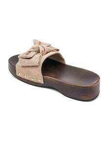 Mules Plateformes à Nœud Suedé Et Semelle Aspect Bois - Khaki - View 3