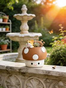 1个可爱蘑菇造型多肉植物花盆，卡通树脂坐姿雕塑花盆，带排水孔，适合小型植物和多肉植物，耐候性强，室内外花园装饰，送给植物和园艺爱好者的精美礼物 - B - 查看 5