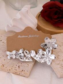 欧美跨境流行珠宝金属几何优雅耳环套装，花朵、心形、C形圈形耳环 - 銀色 - 查看 7