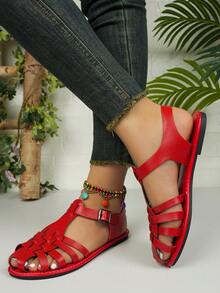 新款编织复古猪笼凉鞋，女士夏季平底时尚百搭 - 紅色 - 查看 15