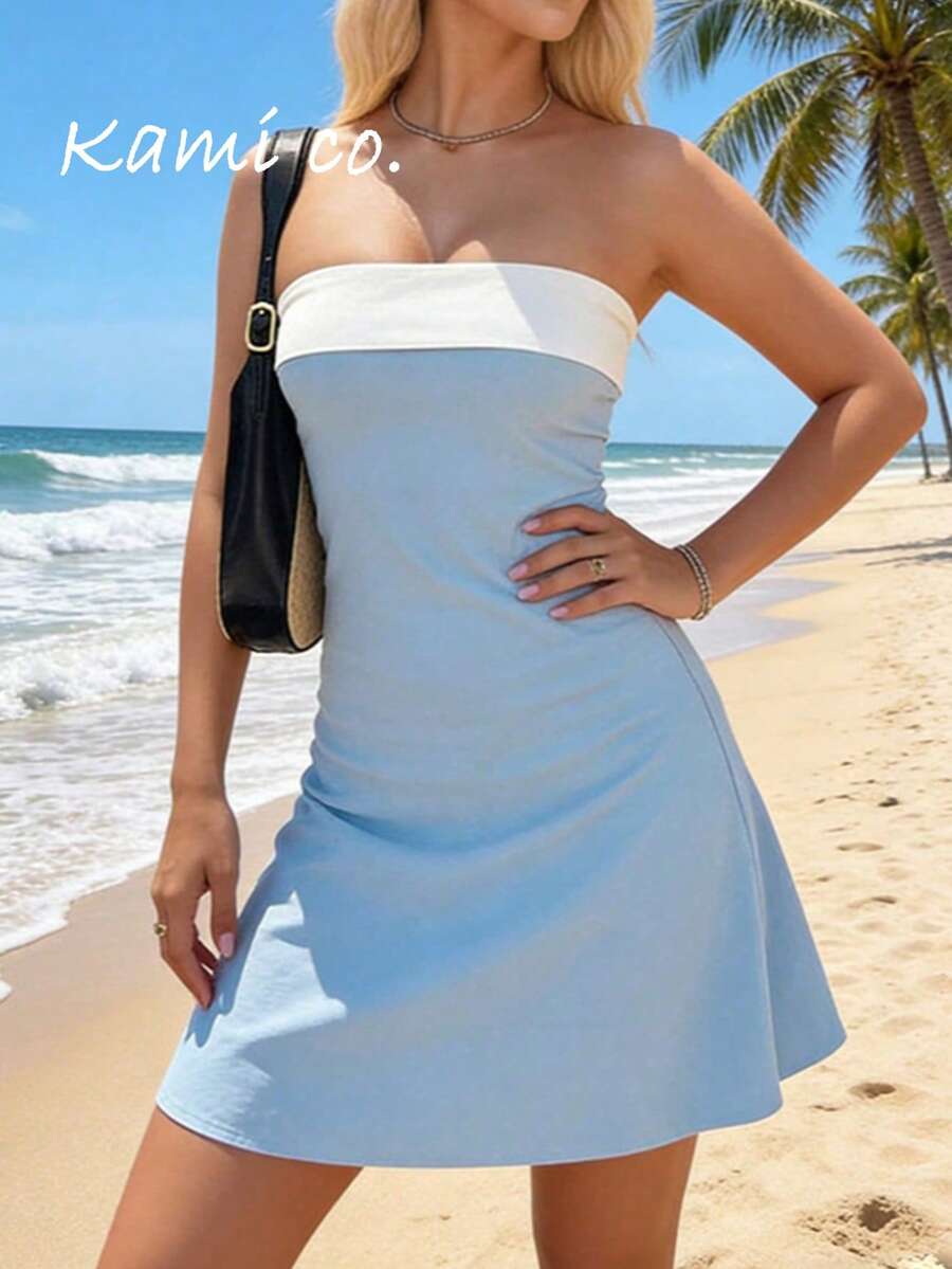 Kami Co. 夏季轻薄迷你连衣裙，撞色滚边修身迷你连衣裙，优雅黑白无肩带修身派对鸡尾酒连衣裙 - 淺藍色 - 查看 1
