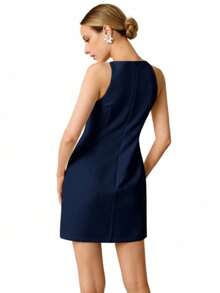 MODA MO, REF: AS1865 - Women's Short Sleeveless Dress With Thin Straps And A Back Zipper. Comfortable To Wear, This Elegant Summer Dress Flatters The Figure And Is Suitable For Everyday Wear. - 藏蓝色 - 查看 2