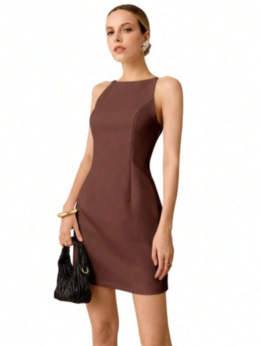 MODA MO, REF: AS1865 - Women's Short Sleeveless Dress With Thin Straps And A Back Zipper. Comfortable To Wear, This Elegant Summer Dress Flatters The Figure And Is Suitable For Everyday Wear. - 巧克力棕 - 查看 1