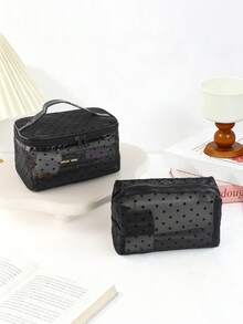 3pcs Women's Travel Makeup Bag Set. Classic Polka Dot Mesh Multi-Piece Multifunctional Handheld Makeup Organizer Bag, Large Capacity Travel Essential - Multicolor - View 5