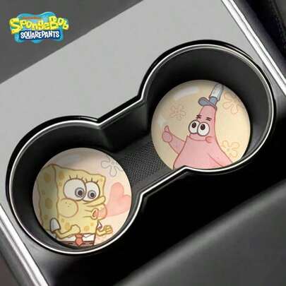 SpongeBob SquarePants وسادات حامل الكوب للسيارة بشكل سبونج بوب، بطانات مضادة للانزلاق ذات رسوم كرتونية ووسائد تخزين لإكسسوارات داخل السيارة