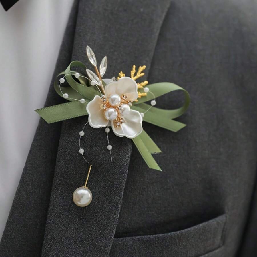 1pc Green Ribbon High-End Corsage With White Triangular Leaves, Suitable For Dinner Balls, Banquets, Anniversaries, And Party Decorations - màu xanh lá - Xem 1