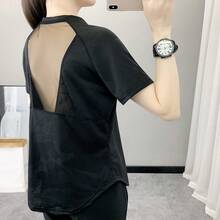 Áo thun nữ thoáng khí, phối lưới, thích hợp cho yoga, pilates, thể dục, chạy bộ, màu đen, mùa hè. - màu đen - Xem 9