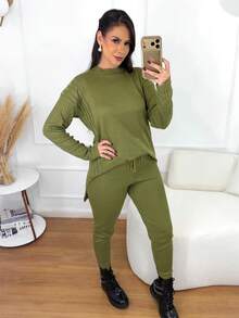 Women's Ribbed Knit Set: Mullet Blouse With Long Sleeves, Sweatshirt Set, Sweater, And Jogger Pants With Drawstring Cuffs - Winter Look - 橄欖綠 - 查看 3
