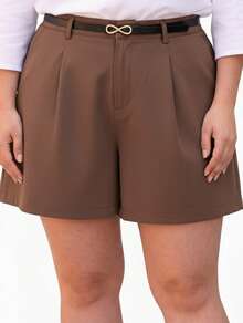 Women's Plus Size Tailored Shorts With Belt And Pockets, High Waist - Rust Brown - View 2