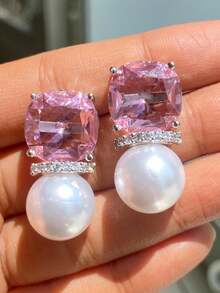 1 par de pendientes de gota con circonita cúbica y perla falsa de lujo para mujeres, para boda, compromiso, aniversario, fiesta, joyería, regalo del Día de San Valentín - 1# - Ver 3