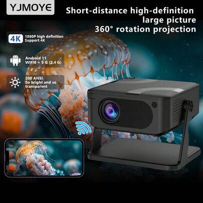  YJMOYE Smart Mini Projector M20, Portable 1080P 5G WiFi6 Movie Projectors Short Distance Projection 150inch Home Cinema Support 180° Rotation Compitable With Mobile Phone Wireless Mirrorring
