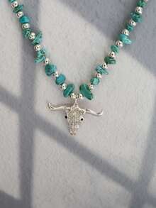 Bohemian Style Turquoise Rhinestone Bull Head Pendant Necklace - Turquoise - View 5