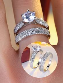 1 Set de anillos de zirconia de moda para mujer, joyería de pareja para uso diario, regalo para vacaciones - Conjunto de anillos para mujer. - Ver 1