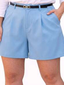 Women's Plus Size Tailored Shorts With Belt And Pockets, High Waist - 淺藍色 - 查看 1
