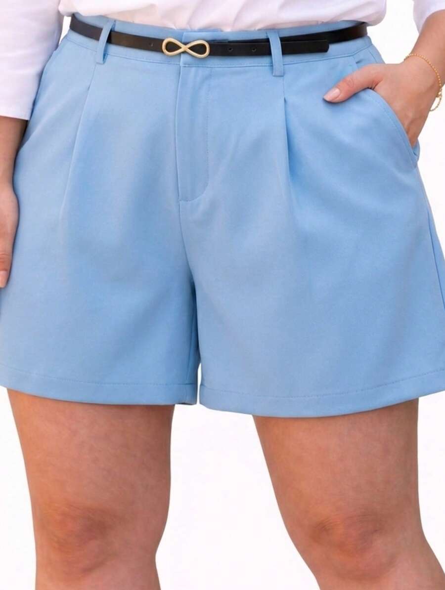 Women's Plus Size Tailored Shorts With Belt And Pockets, High Waist - 淺藍色 - 查看 1