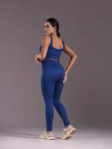 jelik fashions 3-Piece Ribbed Knit Set Includes 3 Pieces: Top, Leggings, And Shaping Shorts - Fitness, High-Waisted, For Gym, Walking - Màu xanh hải quân - Xem 3